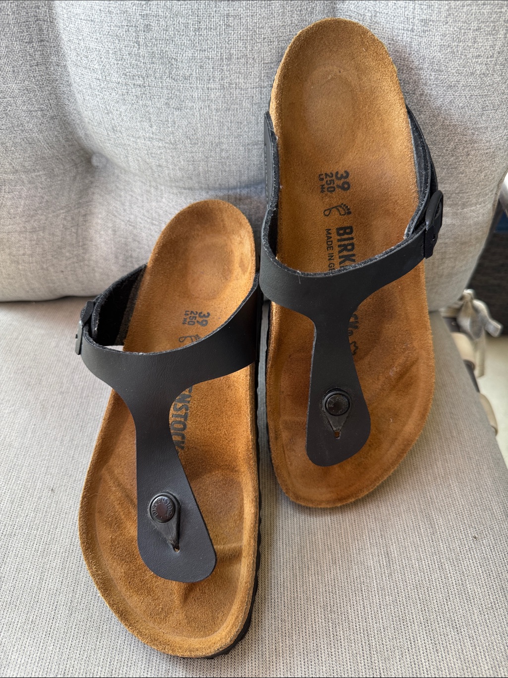 Birkenstock Leather Gizeh Black Thong Sandals With Brown Suede Footbed Sz. 8.5-9